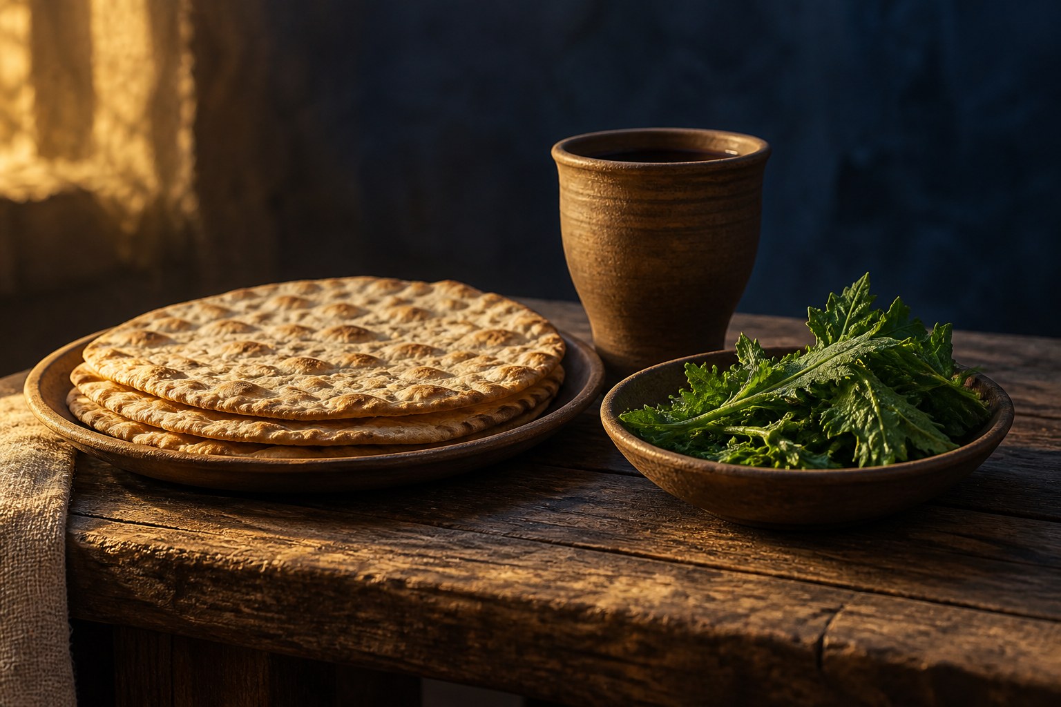 Ungesäuertes Brot, bittere Kräuter und ein Becher auf einem Tisch.